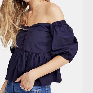 Free People Off-Shoulder Veronica Sweetheart Navy Top